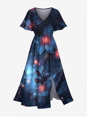 Robe mi-longue hawaïenne fendue à imprimé pois et fleurs d'hibiscus grande taille