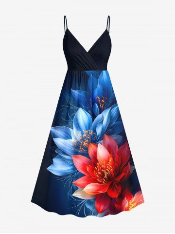 Plus Size Flowers Print Surplice Hawaii Cami Dress - BLUE - 5X