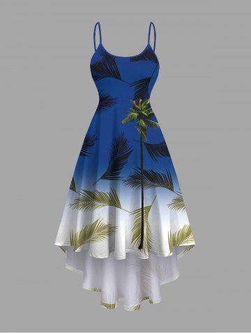 Plus Size Coconut Tree Tropical Leaf Ombre Colorblock Print High Low Hawaii Cami Dress - BLUE - XS