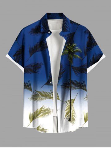 Plus Size Coconut Tree Tropical Leaf Ombre Colorblock Print Buttons Pocket Hawaii Shirt For Men - BLUE - 4XL