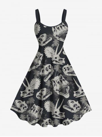 Plus Size Dinosaur Skulls Coconut Tree Print Hawaii Tank Dress - BLACK - 2X