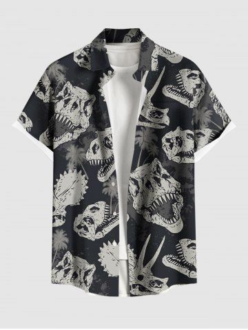 Plus Size Dinosaur Skulls Coconut Tree Print Buttons Pocket Hawaii Shirt For Men - BLACK - 3XL