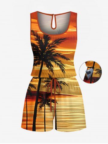Plus Size Coconut Tree Seascape Print Cinched Hawaii Romper - ORANGE - S
