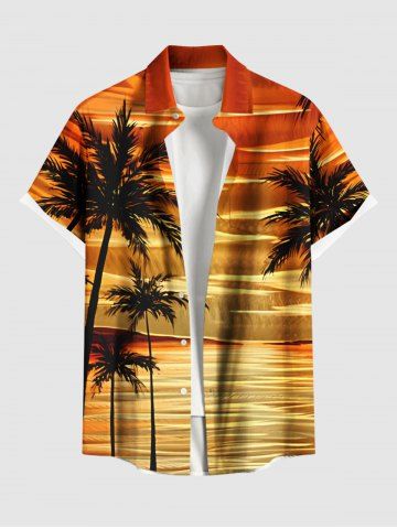 Plus Size Coconut Tree Seascape Print Buttons Pocket Hawaii Shirt For Men - ORANGE - 4XL