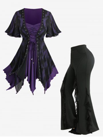 Ruffles Lace Up Asymmetrical 2 In 1 Top and Spider Web Flocking Lettuce Flare Pants Plus Size Outfit - PURPLE