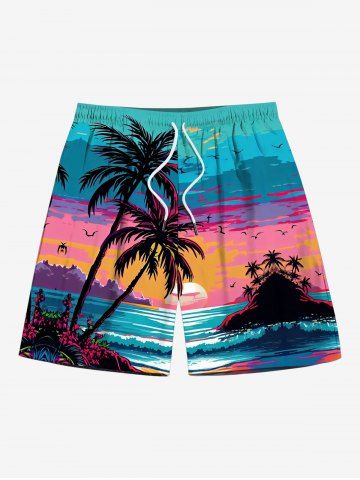Plus Size Coconut Tree Seascape Sun Colorful Cloud Print Hawaii Beach Shorts For Men - LIGHT BLUE - 7XL