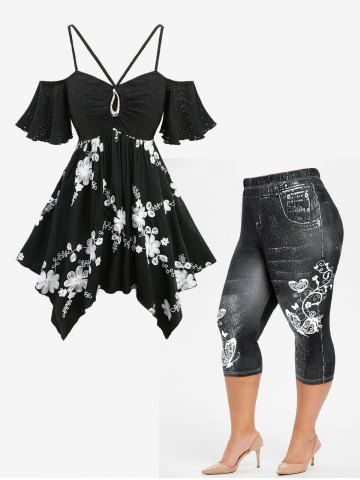 Ensemble haut mouchoir brodé floral jacquard et legging imprimé papillon 3D en jean grande taille