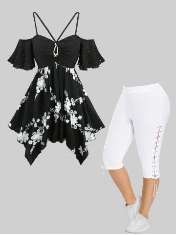 Ensemble haut mouchoir brodé de fleurs en jacquard et pantalon capri taille haute à lacets, grande taille