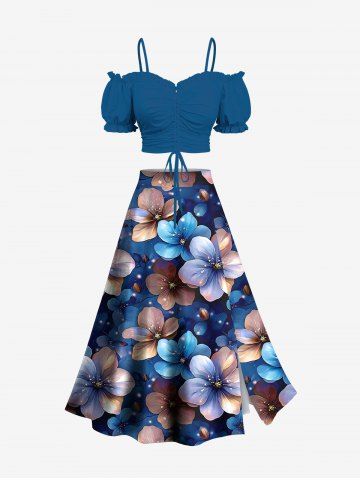 Solid Cinched Top and Glitter Ombre Flower Print Hawaii Split A Line Skirt Plus Size Matching Set - BLUE
