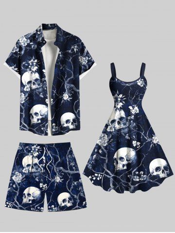Skull Flower Tree Branch Print Plus Size Matching Hawaii Beach Outfit For Couples