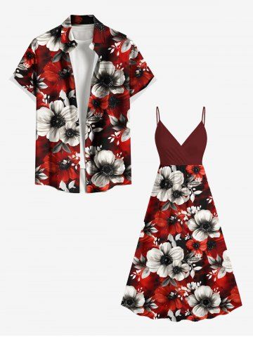 Two Tone Flower Leaf Print Plus Size Matching Hawaii Beach Outfit For Couples
