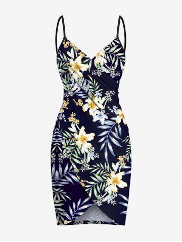 Plus Size Tropical Leaf Hibiscus Flower Print Hawaii Convertible Beach Cover Up - BLACK - XXS
