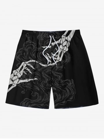 Plus Size Skeleton Lovers Print Drawstring Pocket Beach Shorts For Men - BLACK - 7XL