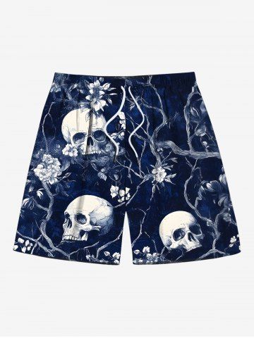 Plus Size Skull Flower Tree Branch Print Hawaii Drawstring Pocket Beach Shorts For Men - BLACK - 4XL