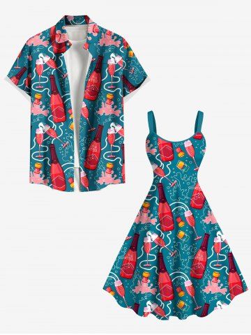 Wine Bottle Sea Print Plus Size Matching Hawaii Beach Outfit For Couples - GREEN