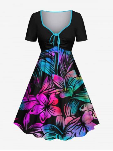 Plus Size Colorful Ombre Hibiscus Flower Print Hawaii Cinched A Line Dress - BLACK - XS