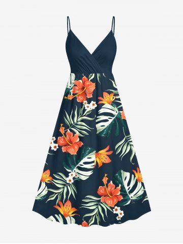 Plus Size Tropical Leaf Hibiscus Flower Print Hawaii Surplice A Line Cami Dress - DEEP BLUE - 5X