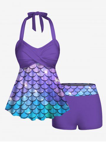 Glitter Ombre Mermaid Scale Print Hawaii Twist Halter Backless Boyleg Tankini Swimsuit - LIGHT PURPLE - S