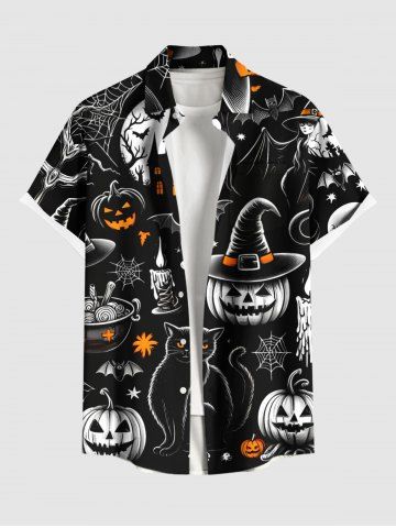 Chemise grande taille à imprimé citrouille, chat, sorcier, toile d'araignée, chauve-souris, château, Halloween, boutonnée, poche, pour homme