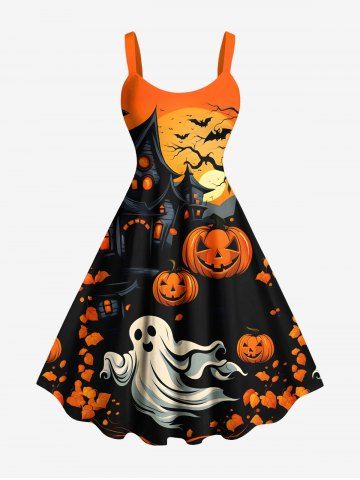 Plus Size Pumpkin Ghost Tree Castle Bat Moon Print Halloween Costume A Line Dress - BLACK - 2X