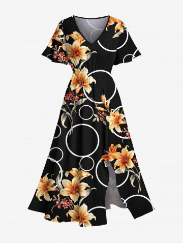 Plus Size Lily Flower Bubble Print Hawaii Split Pocket A Line Midi Dress - BLACK - XXS