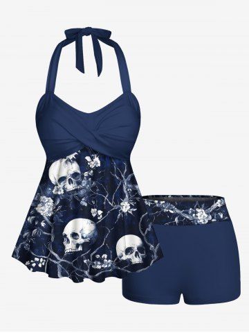 Skull Flower Tree Branch Print Hawaii Twist Halter Backless Boyleg Tankini Swimsuit - DEEP BLUE - S