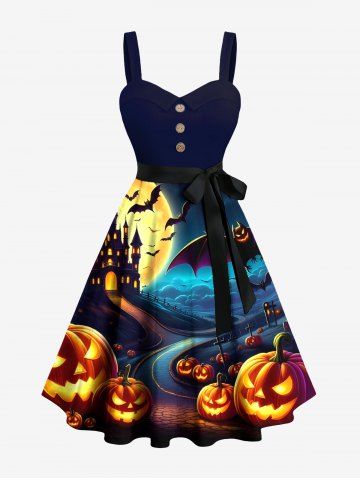 Plus Size Pumpkin Lantern Bat Castle Moon Print Halloween Costume Button A Line Dress with Removable Belt - BLACK - M