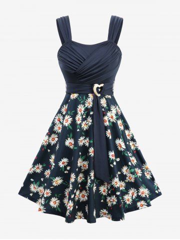 Daisy Flowers Leaf Print Surplice Ruched Heart Buckle Tank Dress - BLUE - XXXL