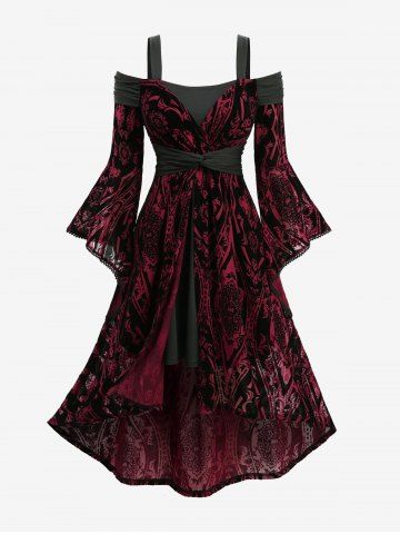 Plus Size Cold Shoulder Flare Sleeve Flower Flocking Belted High Low Asymmetric Dress - DEEP RED - 2X | US 18-20