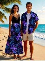 Tenue de plage hawaïenne assortie grande taille à imprimé feuilles tropicales et fleurs de phalaenopsis pour couples - Noir 