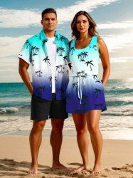 Ensemble chemise et barboteuse hawaïennes assorties, tenue de plage grande taille, imprimé cocotier ombré colorblock, pour couples - Bleu 