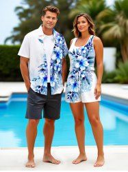 Matching Hawaii Shirt and Romper Plus Size Beach Outfit Flowers Leaf Printed for Couples -  