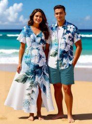 Watercolor Flowers Leaf Print Plus Size Matching Hawaii Beach Outfit For Couples -  