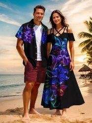 Tenue de plage hawaïenne assortie grande taille à imprimé fleurs et feuilles fluo pour couples - Noir 