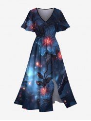 Robe mi-longue hawaïenne fendue à imprimé pois et fleurs d'hibiscus grande taille - Bleu profond 1X