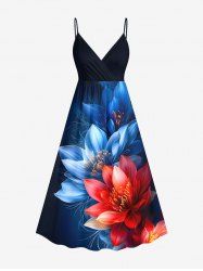 Plus Size Flowers Print Surplice Hawaii Cami Dress -  