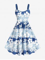 Plus Size Hibiscus Flowers Leaf Ombre Colorblok Print Hawaii Tank Dress -  