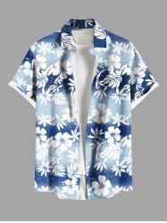 Plus Size Hibiscus Flowers Leaf Ombre Colorblok Print Buttons Pocket Hawaii Shirt For Men -  