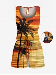 Plus Size Coconut Tree Seascape Print Cinched Hawaii Romper -  