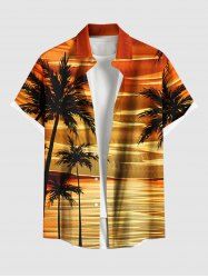 Plus Size Coconut Tree Seascape Print Buttons Pocket Hawaii Shirt For Men -  