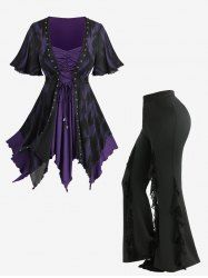 Ruffles Lace Up Asymmetrical 2 In 1 Top and Spider Web Flocking Lettuce Flare Pants Plus Size Outfit -  