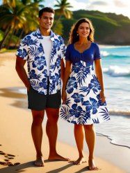 Tenue de plage hawaïenne assortie grande taille à imprimé feuilles tropicales et fleurs d'hibiscus pour couples - Bleu 
