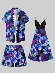 Flowers Galaxy Star Print Plus Size Matching Hawaii Beach Outfit For Couples -  