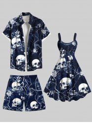 Tenue de plage hawaïenne assortie grande taille à imprimé tête de mort, fleur, branche d'arbre, pour couple - Bleu profond 