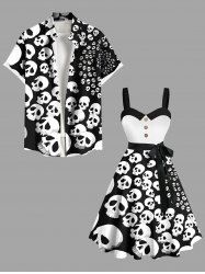 Costume d'Halloween imprimé tête de mort, grande taille, tenue assortie pour couples - Noir 