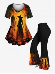 Halloween Costume Bat Castle Wizard Cross Pumpkin Print T-shirt and Flare Pants Plus Size Matching Set -  