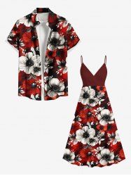 Tenue de plage hawaïenne assortie grande taille à imprimé fleurs et feuilles bicolore pour couples - Rouge 