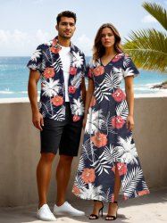 Tenue de plage hawaïenne assortie grande taille, motif feuilles tropicales, cocotier, hibiscus et fleurs, pour couples - Bleu 