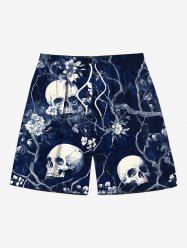 Plus Size Skull Flower Tree Branch Print Hawaii Drawstring Pocket Beach Shorts For Men -  