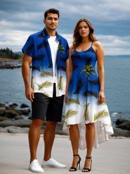 Coconut Tree Tropical Leaf Ombre Colorblock Print Plus Size Matching Hawaii Beach Outfit For Couples -  